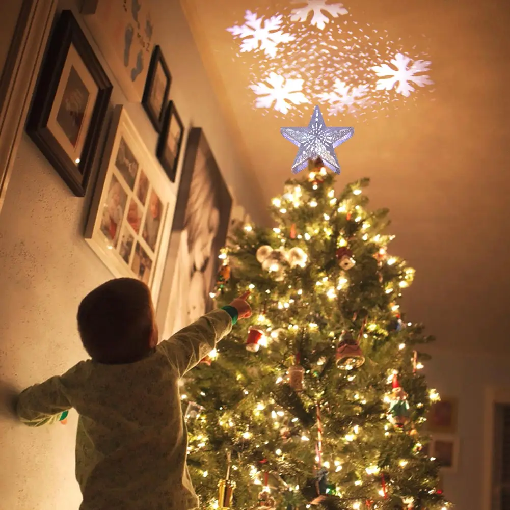 Christmas Star Decoration Christmas Tree Topper Lighted Star Tree Topper with Rotating Snowflake Projector Lights Glitter Hollow Star