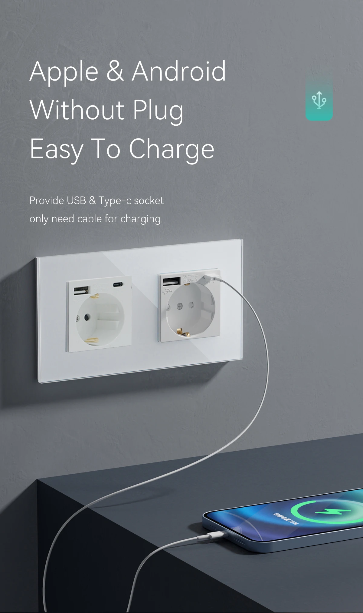 Tomadas de Parede USB, Tomadas Duplas, Vidro Triplo, Quádruplo