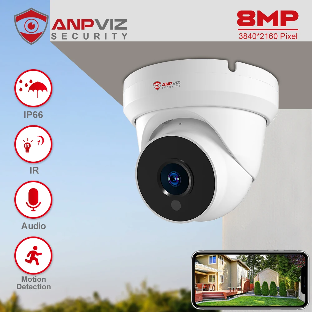 Anpviz 8MP POE IP Camera Outdoor Security 4K Video Surveillance Turret Camera Motion Detection P2P View Danale APP Built-in Mic anpviz smart 4k 8mp poe ip ptz camera outdoor security 5x zoom audio camera ir 30m danale security protection human detection