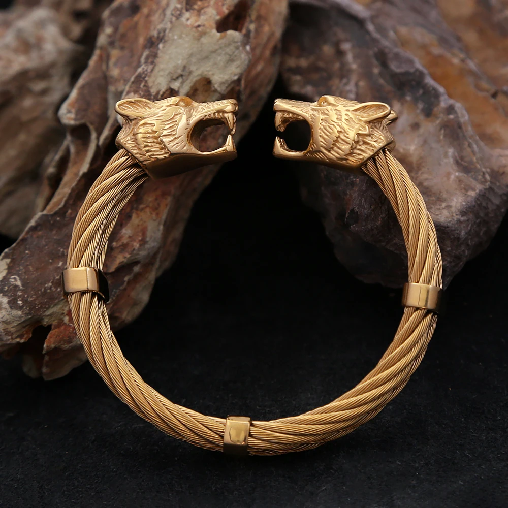 Fashion Vintage Double Viking Wolf Head Bracelet 316L Stainless Steel Punk Biker Animal Bracelets Norse Amulet Jewelry Wholesale 3