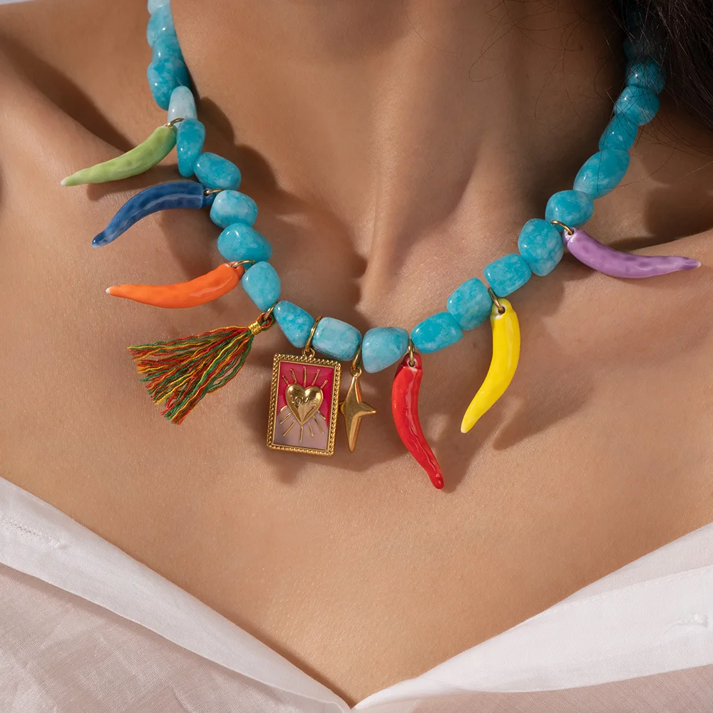 Stackable Natural Stone Bell Pepper Collar Neckalce Women Colorful Wheat Ears Fish Heart Star Charms Pendant Choker Waterproof