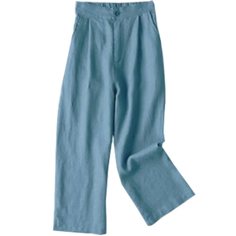 Women Cotton Linen Loose Comfort Elastic Waist Harem Vintage Solid Casual Pockets Wide Leg Trousers Cropped