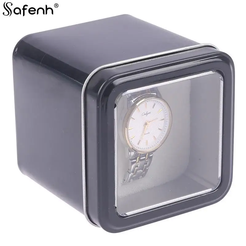 8CM Square Black Watch Organizer Box Show Holder Tinplate Can Metal Sealed Jewelry Gift Box Display Case With Cushion for Watch Storage Box