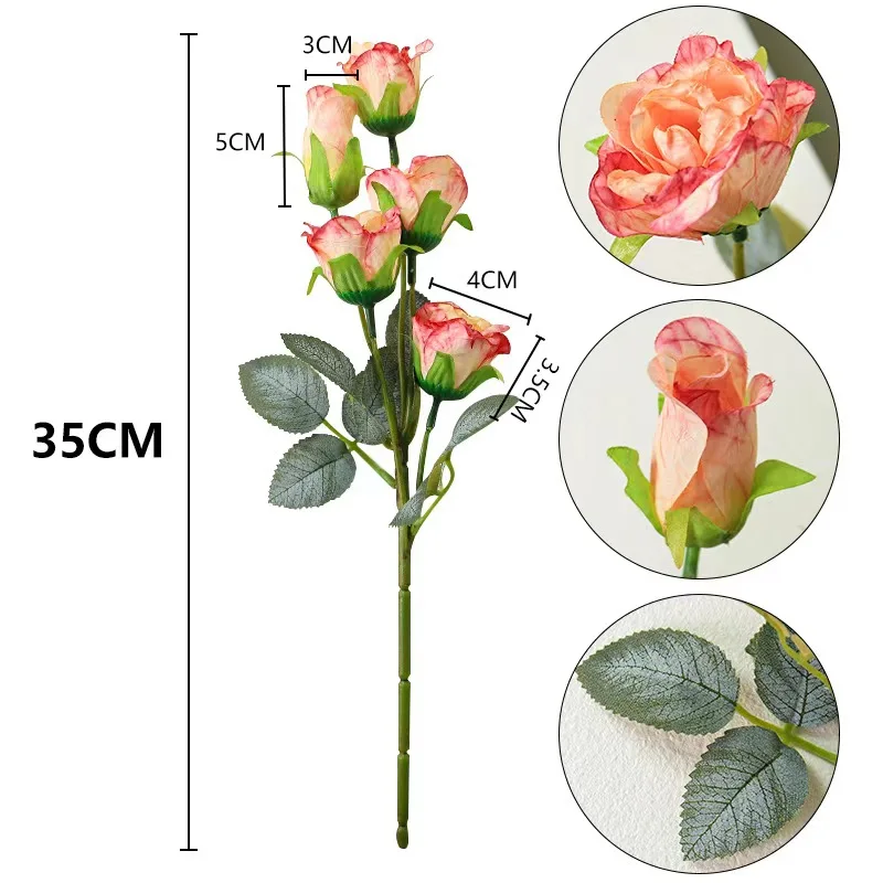 Vintage 5 head burnt edge rose simulation flower Valentine's Day bouquet fake flower photo decoration props living room Christma