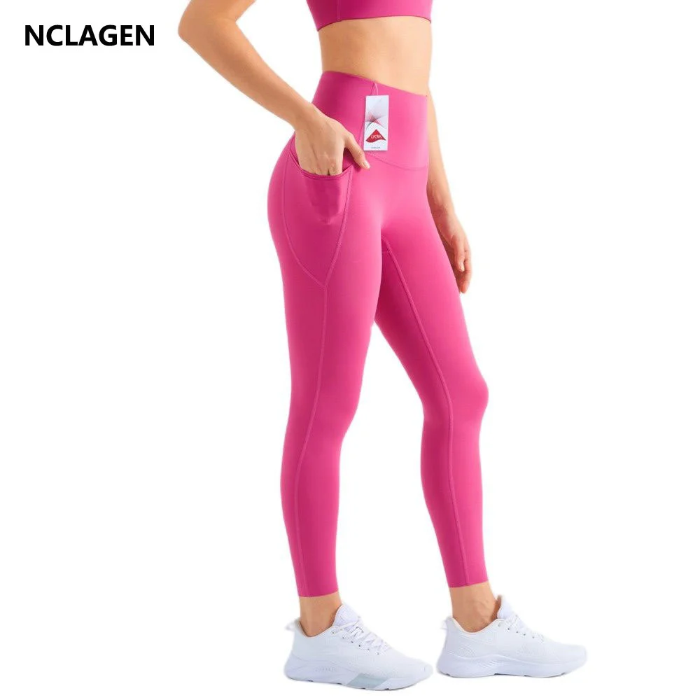 

NCLAGEN Fitness Yoga Pants Women High Waist Pocket Naked Feel Hip Lifting Gym Leggings Anti-curling Nylon bottoms Sports Tights