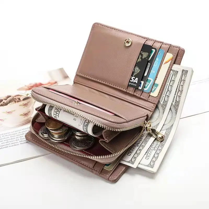 Luxury Multifunction Women Sheepskin Genuine Leather Wallet Fashion Stripe Card Holder Zipper Female High Quality Coin Purse