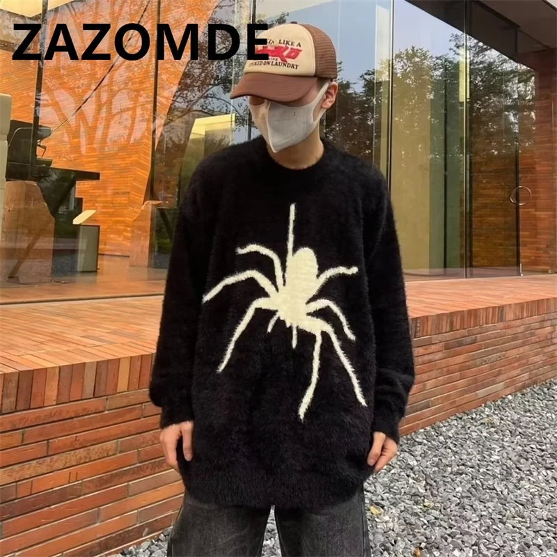 

ZAZOMDE Harajuku Fluffy Sweater Y2K Streetwear Hip Hop Retro Knitted Spider Jumper Harajuku Fashion Punk Fuzzy Pullover Knitwear