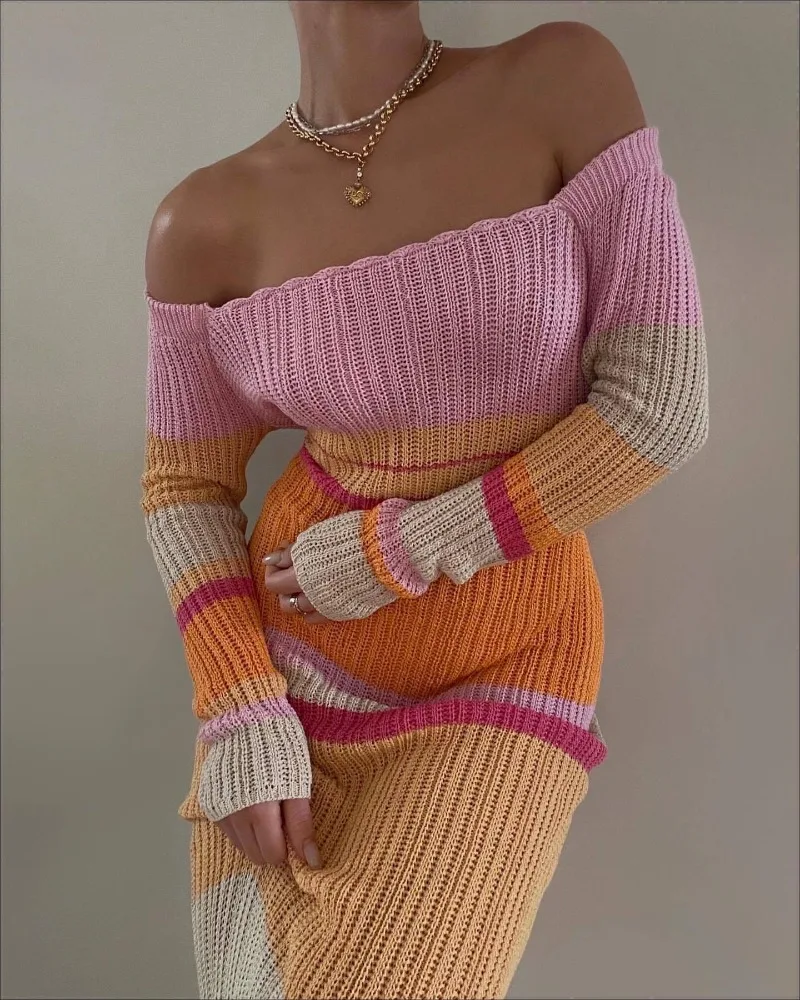 Hollow Out Knitwear Striped Maxi Dress For Women Contrast High Waist Long Sleeve Elegant Holiday Autumn Long Dress Female