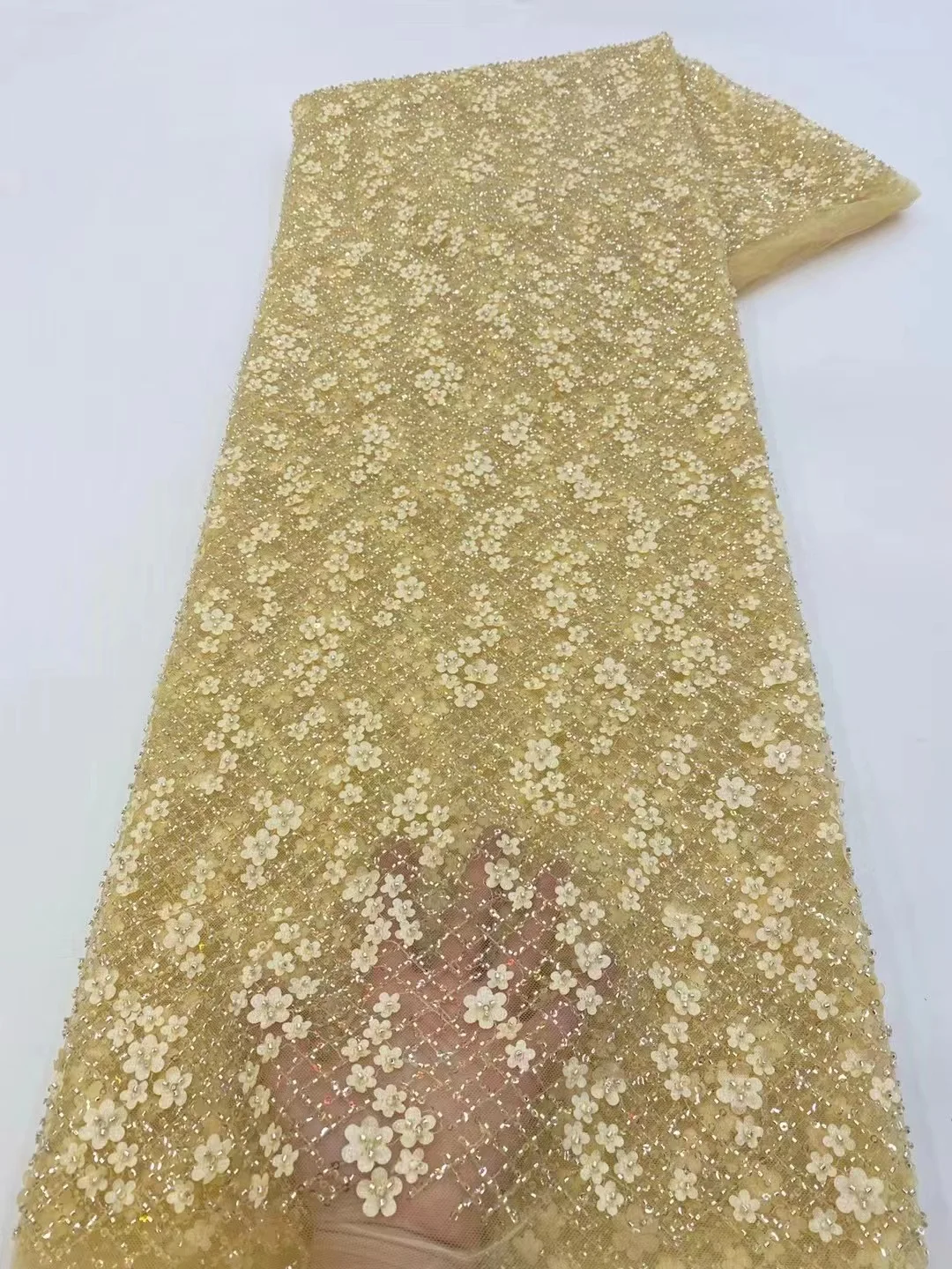 цена High Quality African Heavy Bead French Tulle Lace Fabric 2023 High Quality Nigerian Sequined Mesh Fabric For Wedding PL280-2