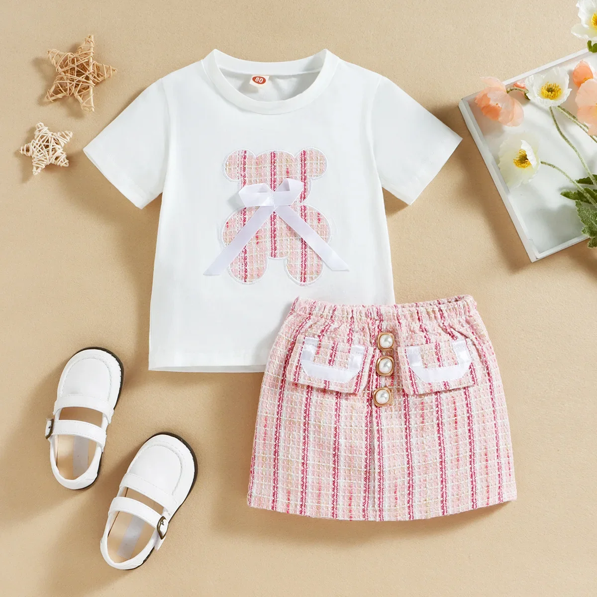 

18M-6T Summer Bear Bowknot Pullover Short Sleeve T-Shirt Small Fragrant Wind Fake Pocket Skirt 2Pcs Clothing Sets Clothing Girl