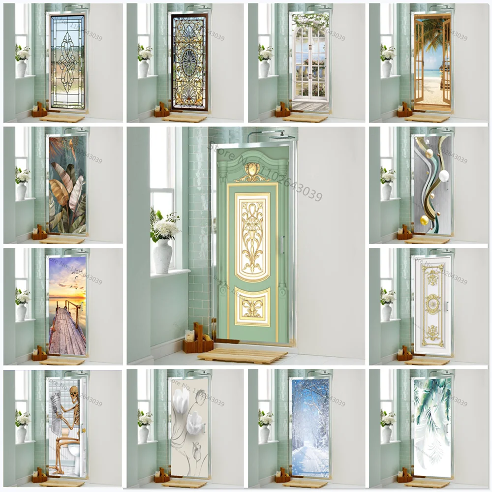 

Имитация зеленых дверных наклеек, 3D стеклянные наклейки, ПВХ водонепроницаемые фотообои, самоклеящиеся дверные бумаги