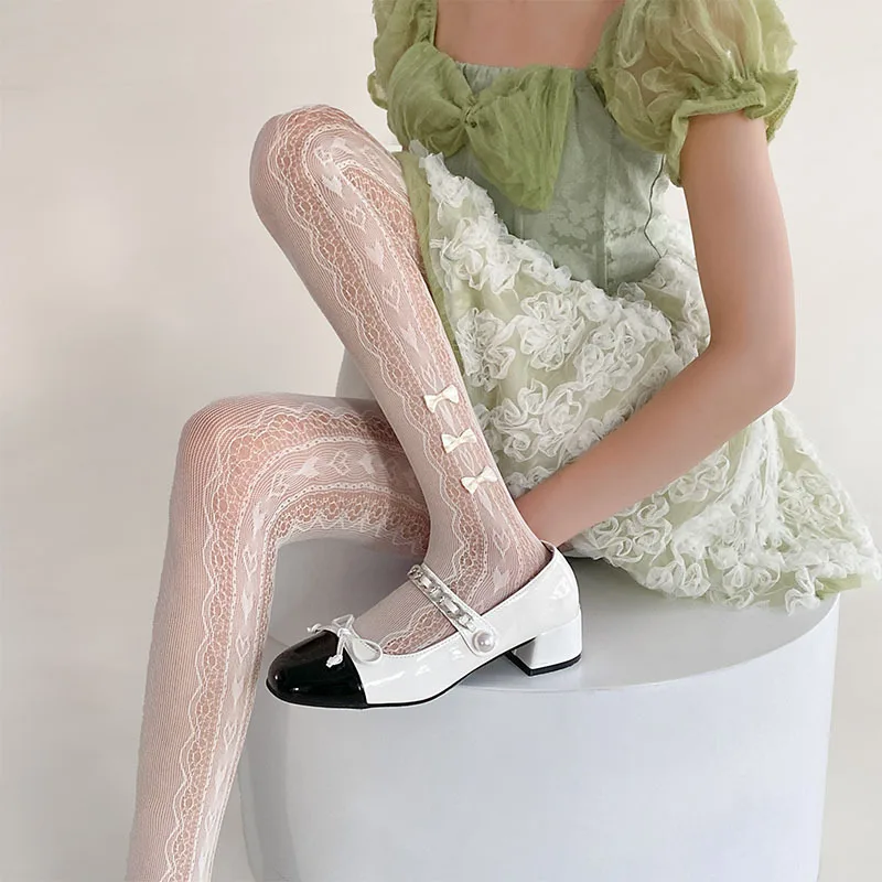 Pantyhose, sweet bow for women, Japanese and Korean, lace mesh side cut-out mesh, sexy summer stockings