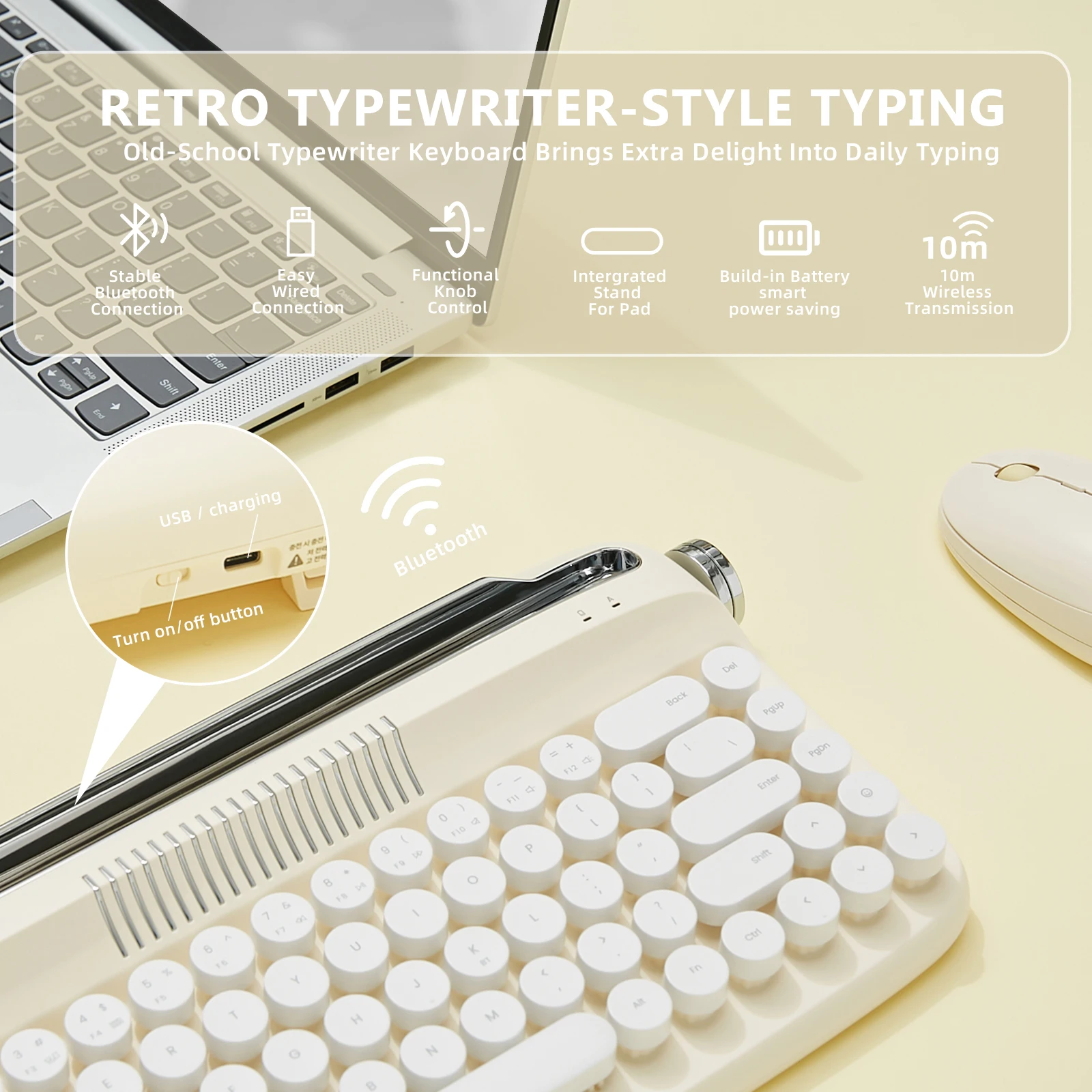 Yunzii-teclado de Máquina de Escrever Retro Manteiga de Marfim B307 sem Fio Atualizado Usb-c Bluetooth Suporte Integrado Bonito Teclas Redondas - Imagem 6