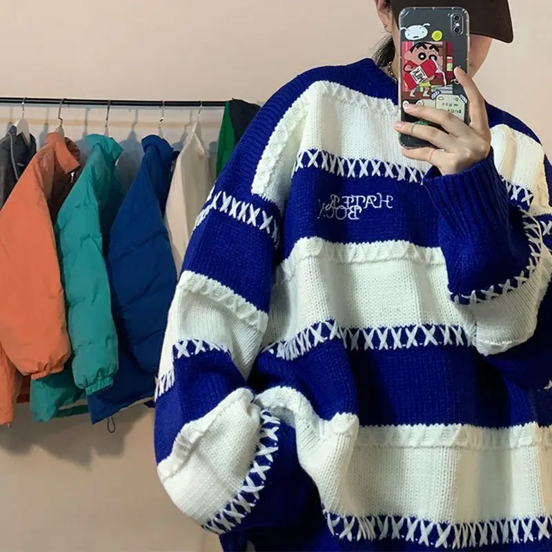 

Klein Blue Striped Sweater Male O-Neck Pullover Design Niche Loose Casual Korean Fashion Men's Winter Sweater Sweater Oversize