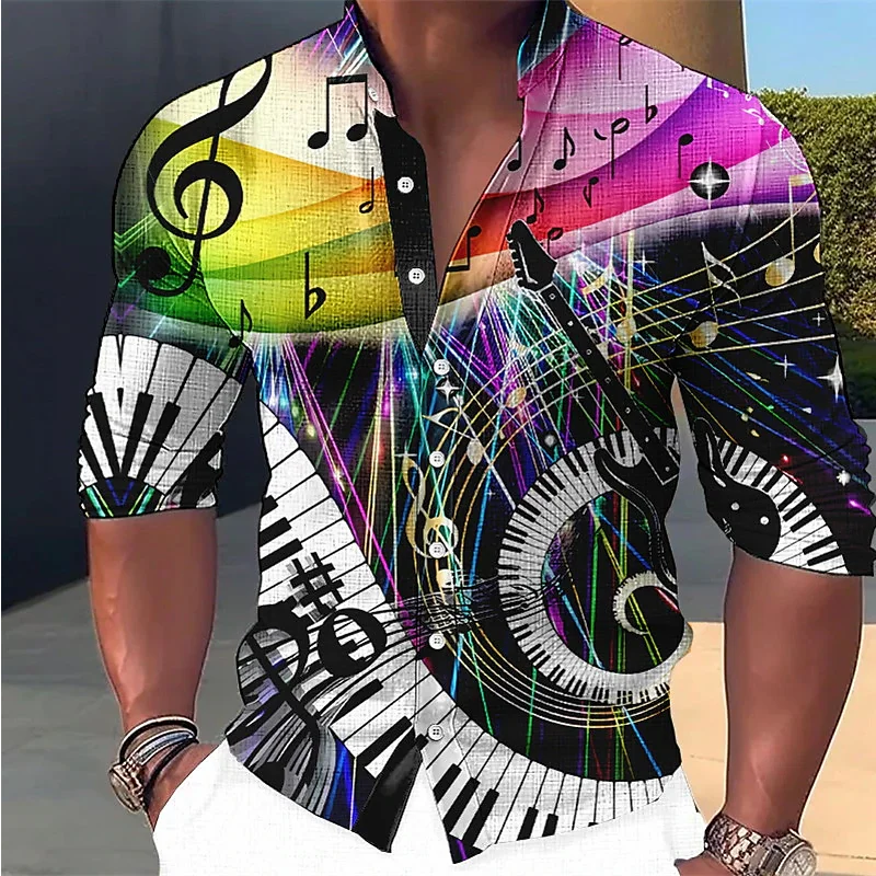 49 keys rainbow roll up piano Linen Fashion Stand Collar Men Shirts Cool Music Festival Notes Piano Keys HD Printing Long Sleeves Party Fashion 2023 Plus Size