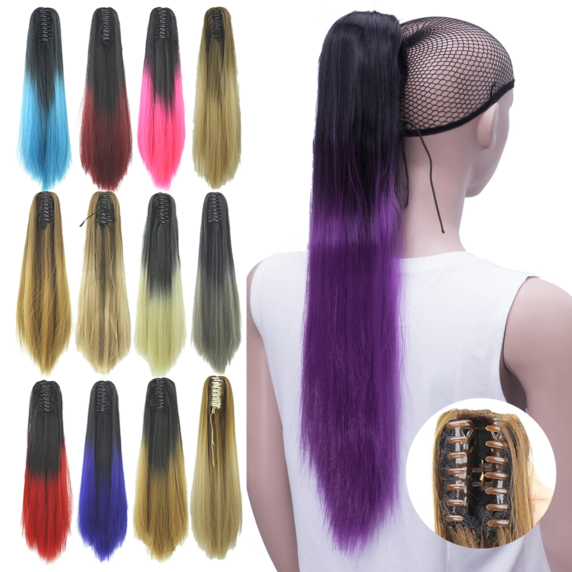 24'' Straight Synthetic Hair Clip In Hair Extension Red Pink Claw Ponytail Hairpieces Pony Fairy Tail Queue De Cheval fake hair extensions
