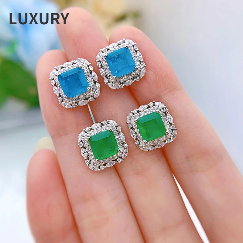 Luxury S925 Sterling Silver 7*7Mm Paraiba Emerald High Carbon Diamond Earrings For Women Sparkling Party Fine Jewelry Wholesale