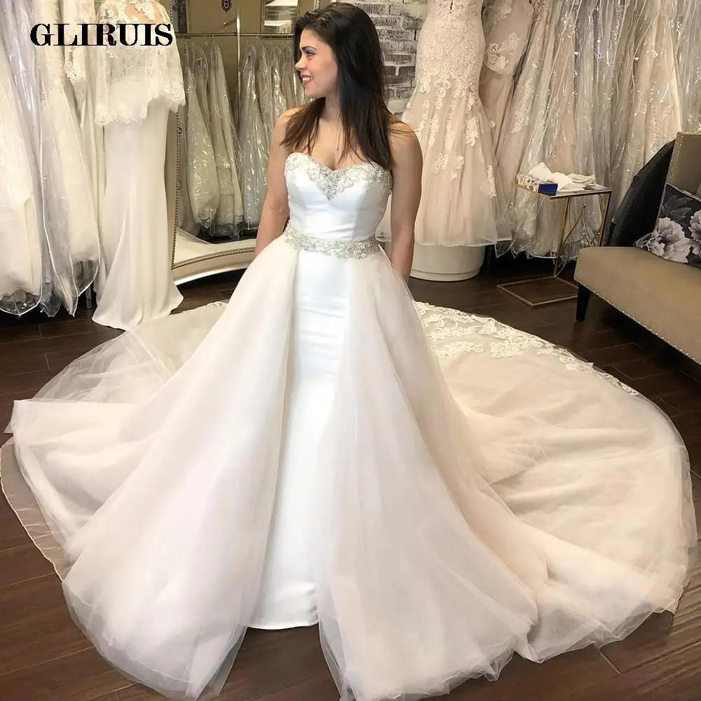 

2022 Ivory Mermaid Satin Wedding Dress White Sweetheart Strapless Bridal Gown Detachable A-Line Skirt Wedding Gowns