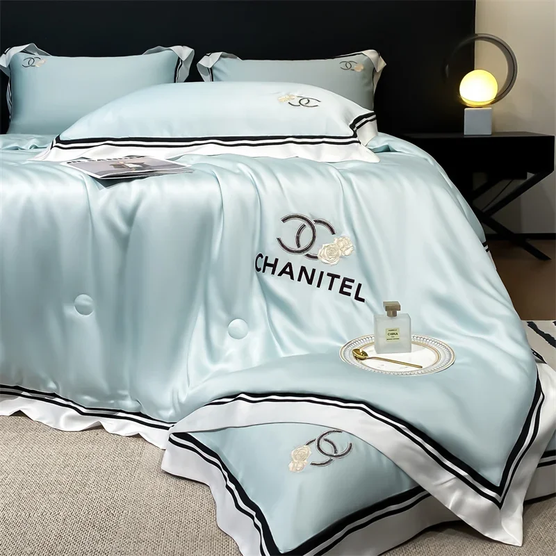 light-luxury-high-grade-cool-silk-four-piece-spring-summer-skin-friendly-silk-slime-sleep-naked-double-sided-ice-silk-quilt-set