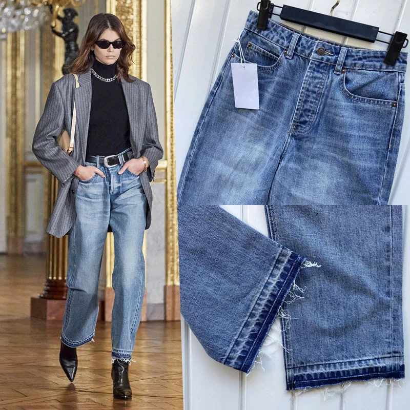 

2023 Primavera e Outono New Wide Leg Jeans Mulheres de Cintura Alta Slim Fit Solto Tubo Straight Smoke Pipe Pants
