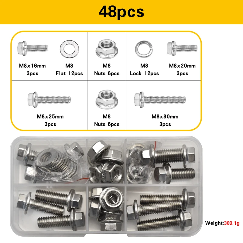 M6 M8 304 Stainless Steel Flange Hex Bolts and Nut Set Metric Thread Outer hexagon Screw with Flat & Lock Washers Assortment Kit