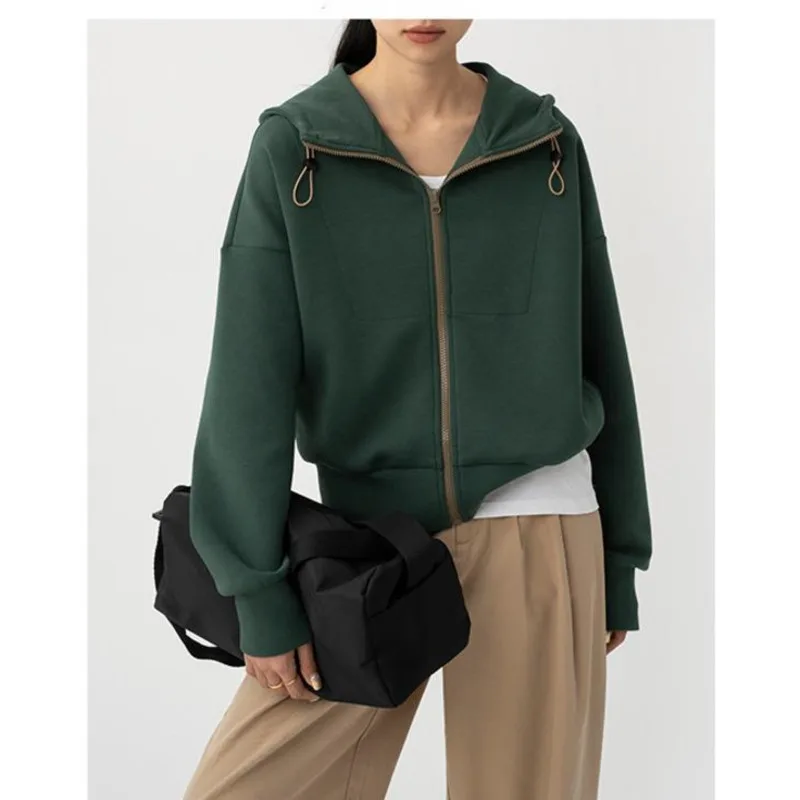 

Autumn Winter Hooded Drawstring Zipper Hoodies Women Drop Sleeve Loose Sports Casual Air Cotton Cardigan Coat