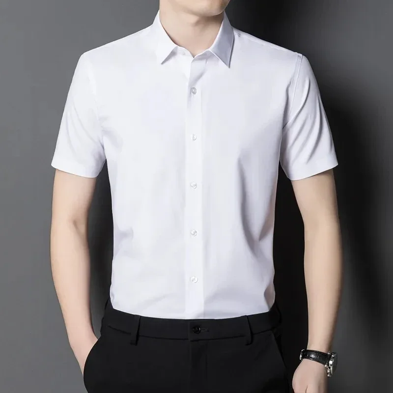 

New Bamboo Fiber Stretch Men Shirt Fashion Casual Business Short-Sleeved Top Anti-Wrinkle No-Iron Solid Color Formal Shirt 6XL