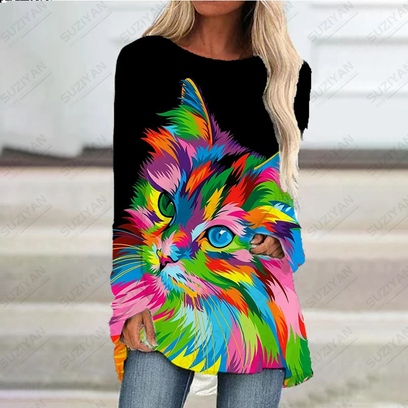 Spring and Summer Women's Plus Size 3D Printed Long Sleeve Long T-shirt Women's Fashion Hawaiian Colorful Graffiti Short Skirt