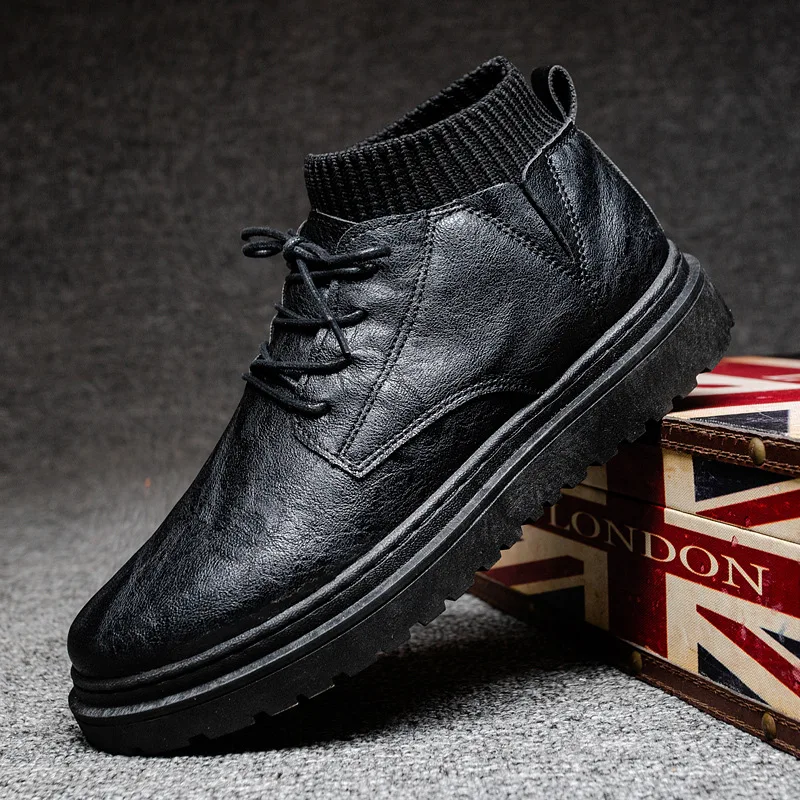 Spring and Autumn Men Shoes New Leather Casual Shoes Versatile High Top Shoes Designer Loafers Men Fashionable Black Sneakers