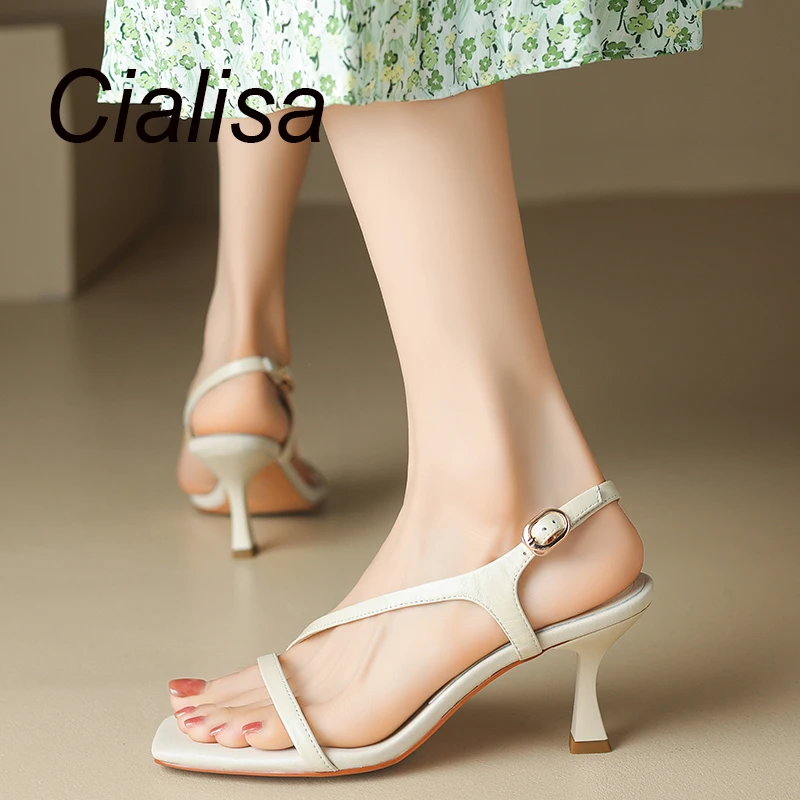 

Cialisa Real Leather Women Sandal Concise Open-Toed Shoes 2023 Summer New Party Dress Elegant Handmad High Heels Sandals Silver