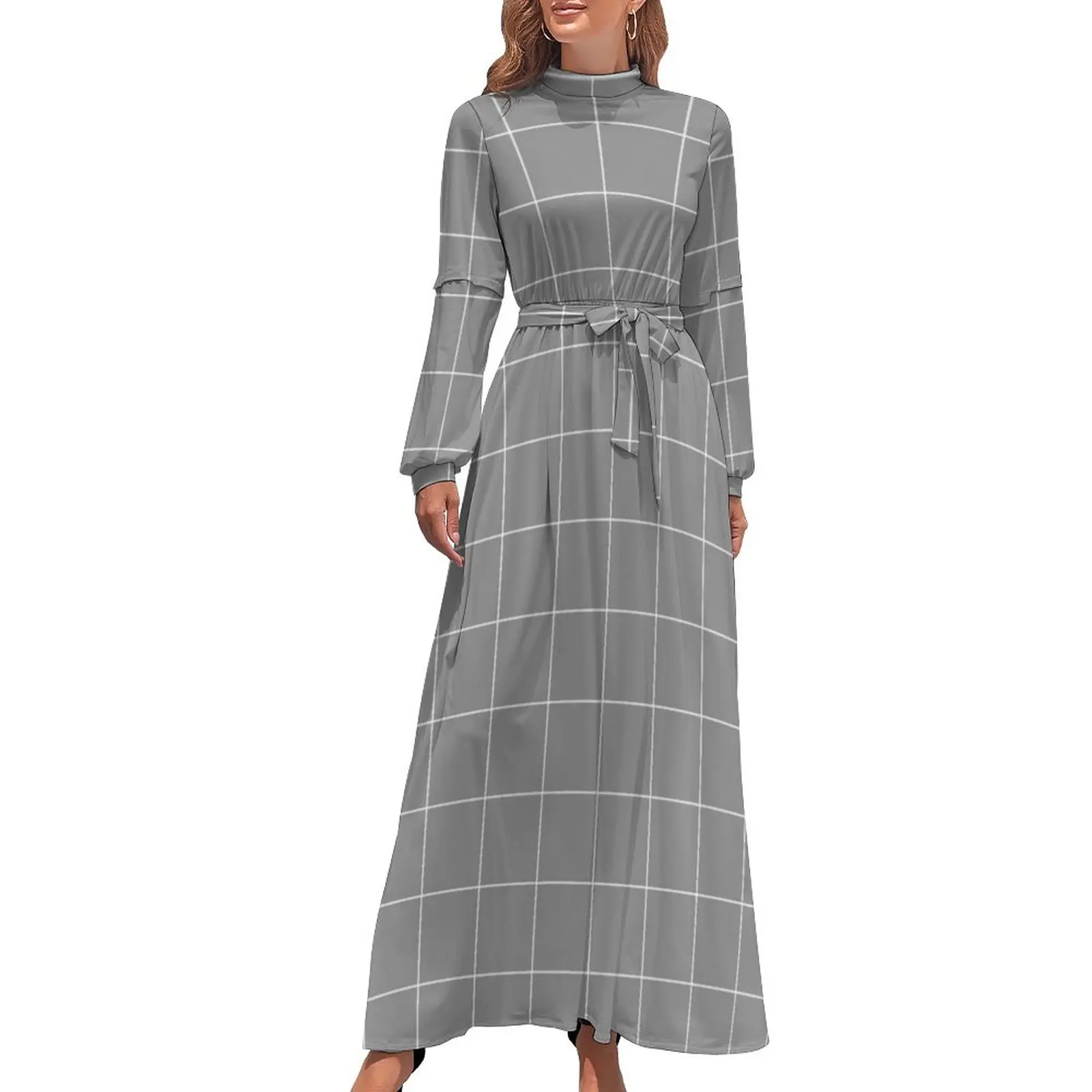 thumbnail image 1 of Vestido largo de manga larga con cuadros de ventana (blanco/gris), elegante y bonito, para mujer, 1 of 5