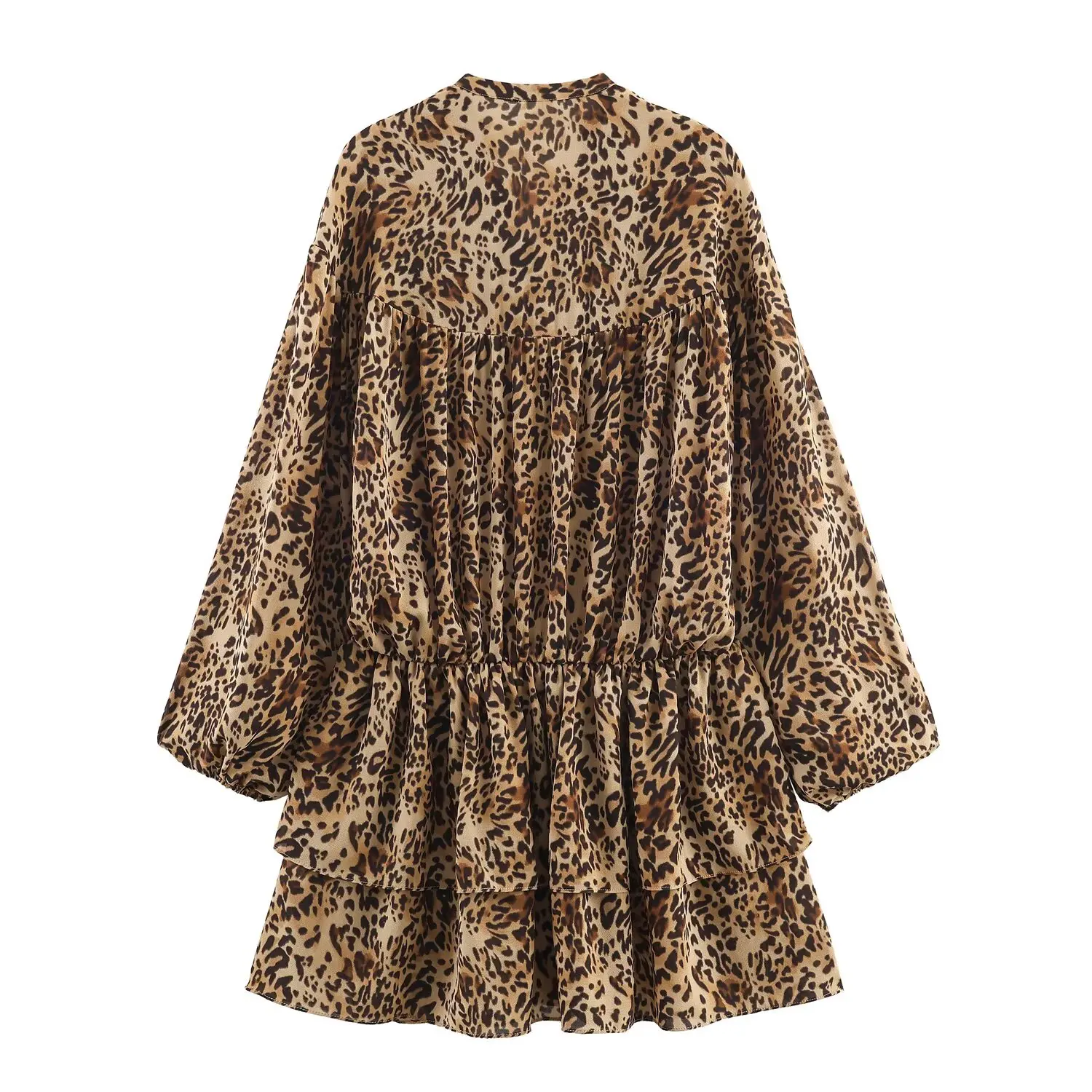Women's Spring Autumn Leopard Print Mini Dress female V-neck Lace Loose Casual Retro Long Sleeve Dress lady Elegant Short dress