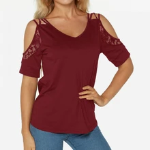 

Cold Shoulder Lace Patchwork Women Sexy Tops Summer Short Sleeve Tshirt Daily Casual Solid Color Tees Loose Basic women T-Shirt