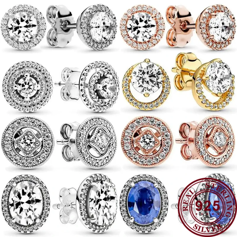 Hot 925 Sterling Silver Shiny Zircon Round Double Ring Original Women's Eternal Logo Earstuds DIY Fashion Charm Jewelry