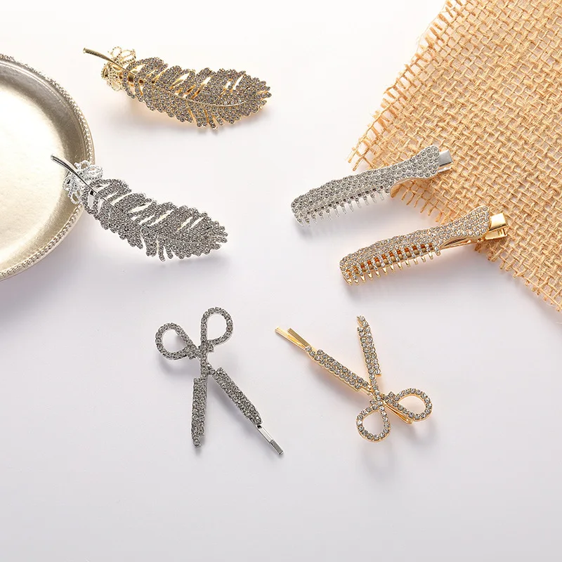 1 Stück/2 Stück kreative Strasssteine im koreanischen Stil, Schere, Kamm, Blatt-Haarnadel, elegantes seitliches Haarspangen-Haar-Accessoire