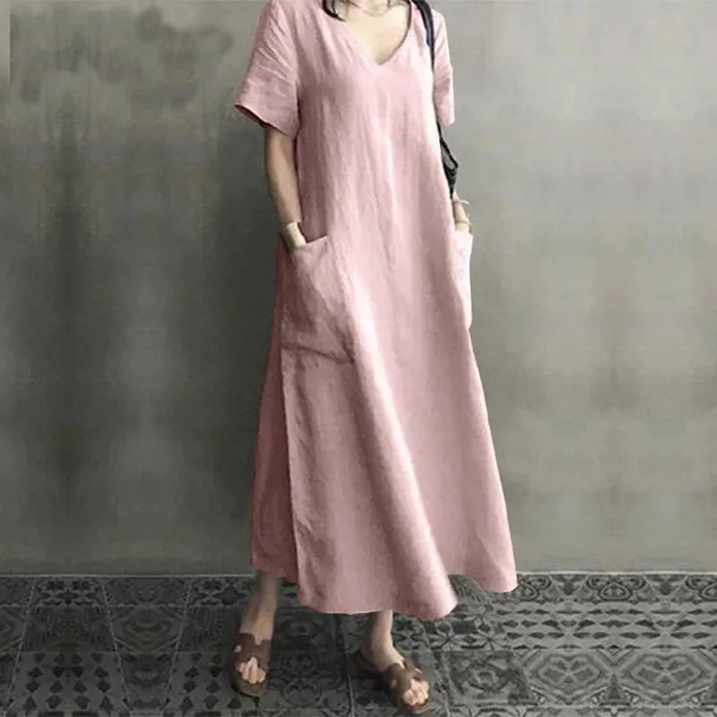 

Женское Хлопковое платье с V-образным вырезом, элегантное простое длинное платье с большим карманом и V-образным вырезом, мягкое летнее платье с коротким рукавом