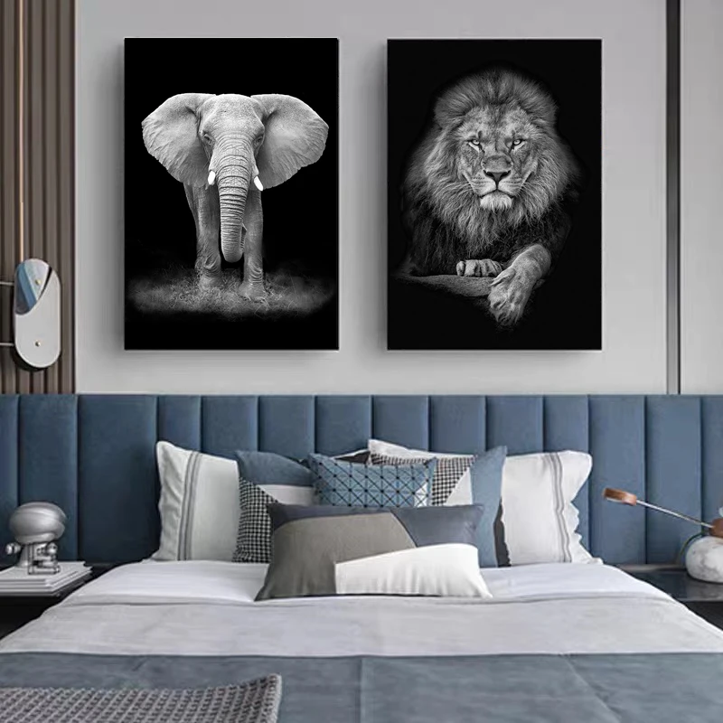 Poster Black and White Wall Art Lion Elephant Giraffe Decoration Painting Canvas Photo Image Living Room Home Decoration