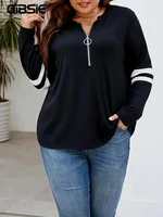 GIBSIE Plus Size Black O-ring Zipper Front Sweatshirts Women 2024 Spring Autumn Stripe Long Sleeve Female Casual Pullover Tops