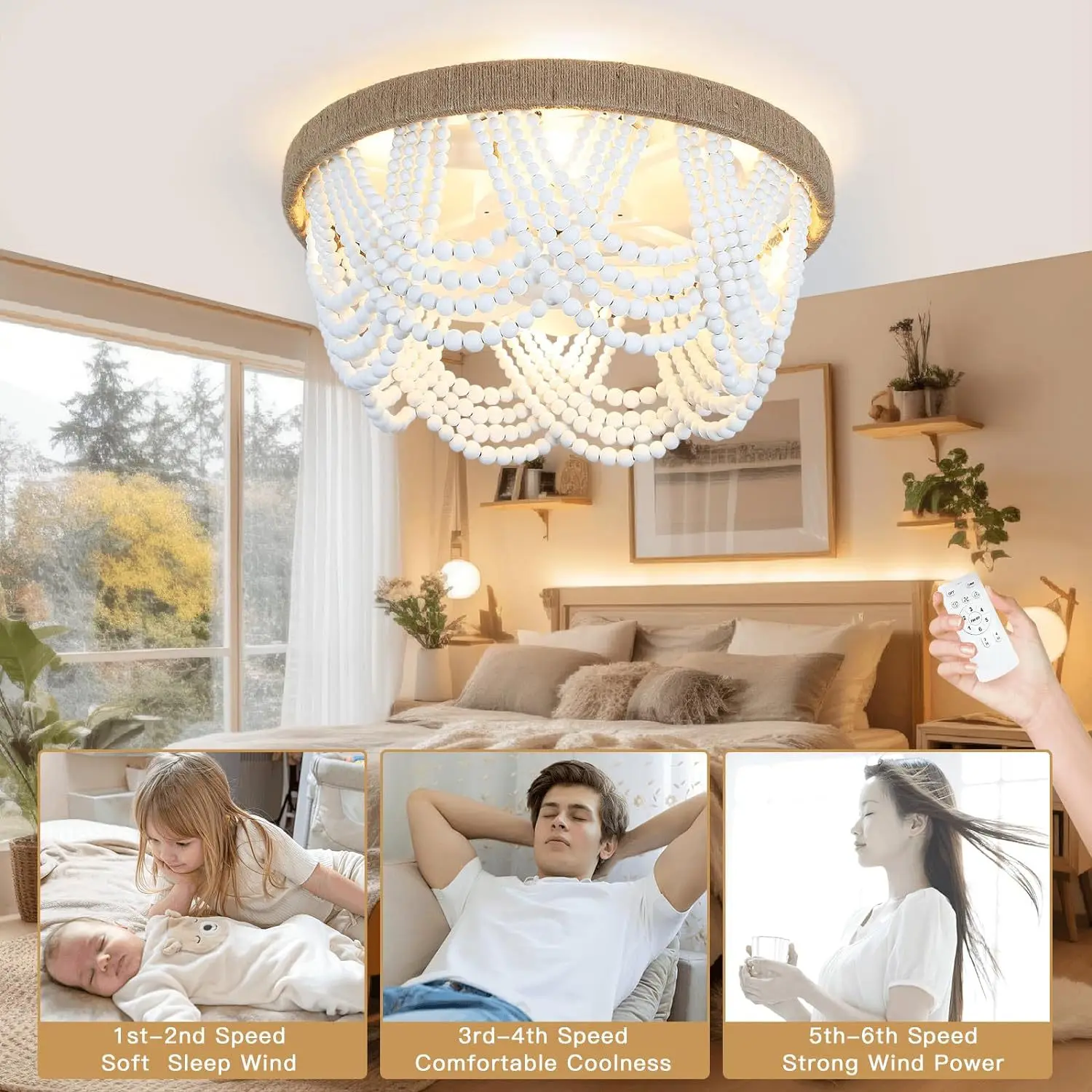 Beaded invisible ceiling Fan Lights For bedroom, living room bohemian style ceiling fan Lamp dining room fan light