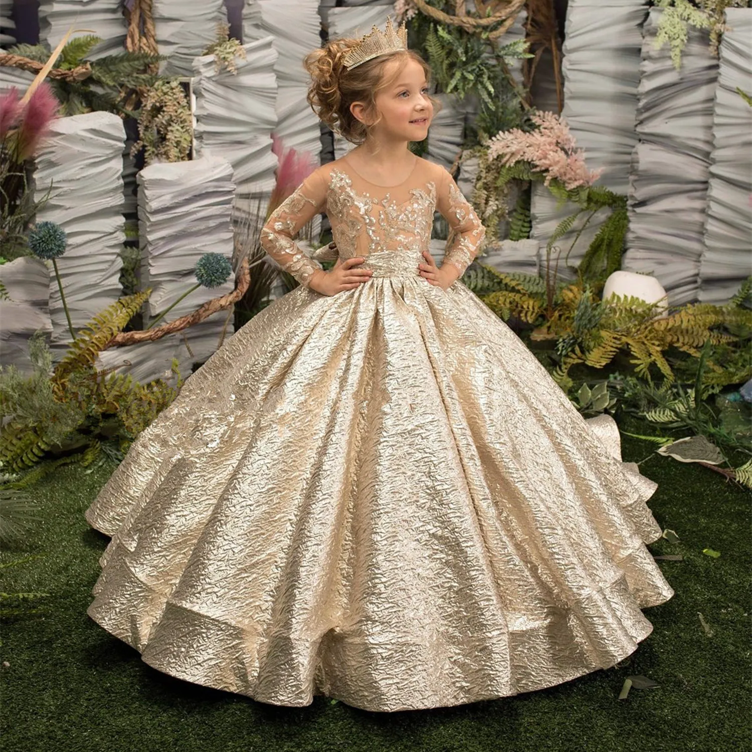 

A+A+Gold Flower Girl Dresses Big Bow Appliques Full Illusion Sleeves Birthday Wedding Holiday Bridesmaid Dress