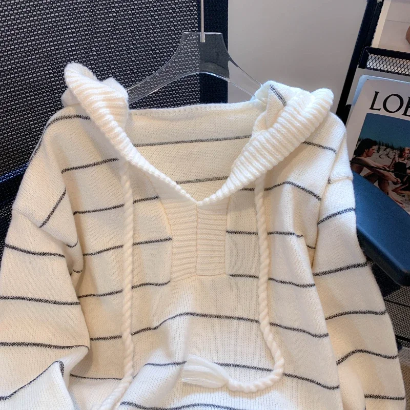 Autumn Winter 2025 New Women's Hooded Sweater Pullover Loose Casual Long Sleeve Striped Knitted Top Elegant Knitwear