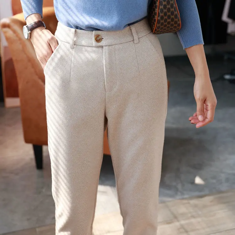 Autumn and winter 2019 new Harlan slim herringbone pattern high-waisted  suit pants fashionable thickened loose