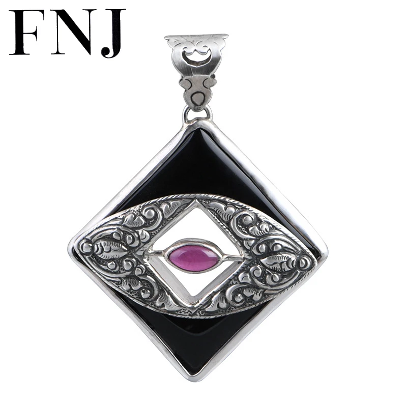 Fnj 925 Silver Black Agate Pendant Original Pure S925 Silver Pendants