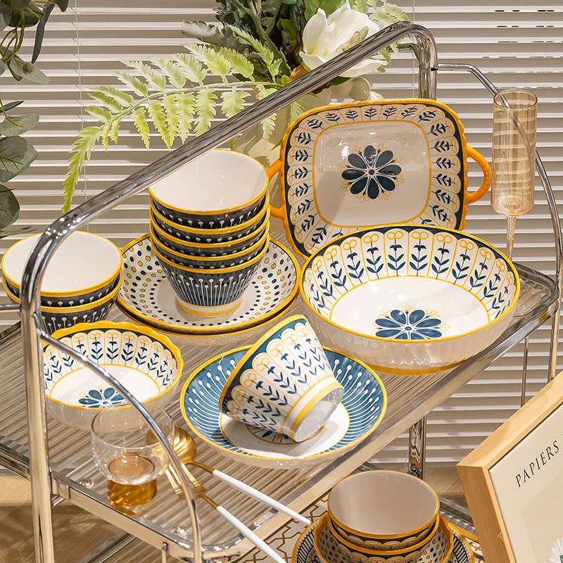 Fashion leaves ripple dish set home Japanese simple ceramic plate bowl bowl chopsticks large rice