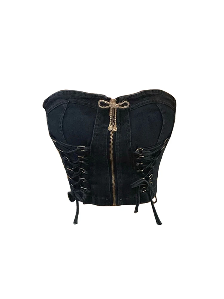 

Women's Denim Crop Top Vintage Y2k 2023 Summer Camisole Streetwear Casual Bandage Zipper Tube Top Female Sexy Off Shoulder Vest