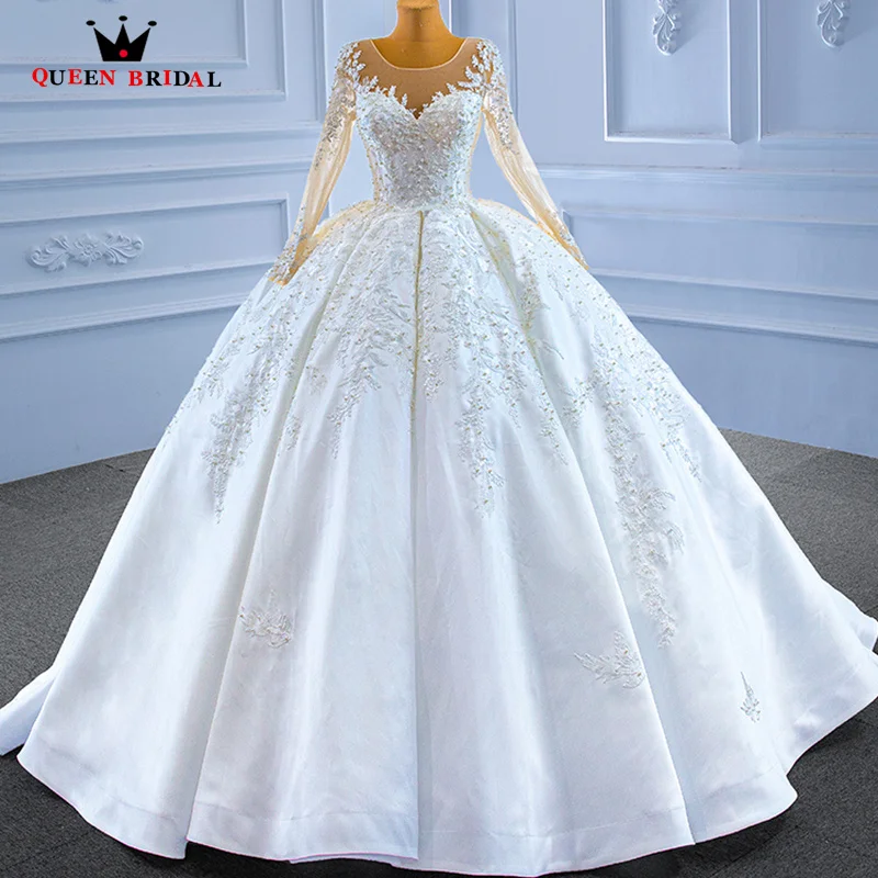 

Simple and Elegant Wedding Dresses 2023 Illusion O-Neck Long Sleeves Brides Dresses Satin Appliques Pearls Ball Gown Custom XX56