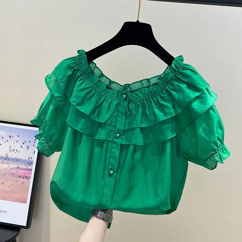 

Woman Fashion Summer New Off-Shoulder Floral Loose Blouses for Female Short Sleeve Tops Chiffon Shirt Ladies Pleated Blouse G102