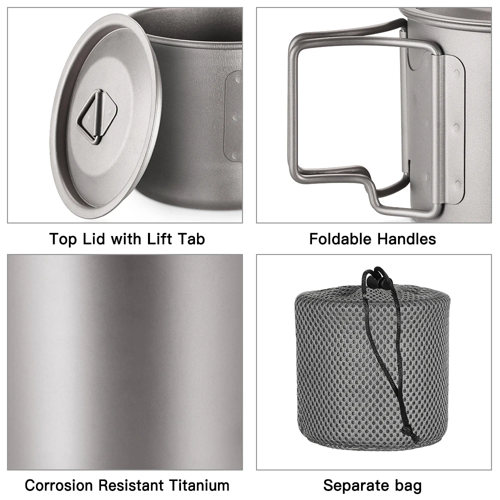 Lixada 초경량 티타늄 컵 휴대용 캠핑 피크닉 물컵 머그잔, 접이식 손잡이 포함, 300ml, 350ml, 420ml, 550ml, 650ml, 750ml