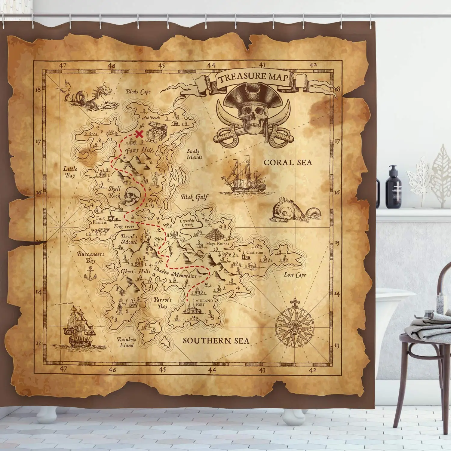 Middle Earth Map Shower Curtain Mountains Vintage Map Bathroom Curtains Treasure Map Shower Curtain Waterproof Bathroom Decor 4