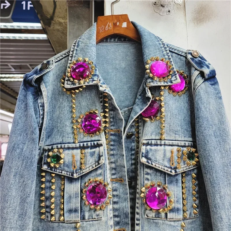 Fashion Denim Jackets Women Korean Loose Short Cowboy Outerwear Rivet Diamonds Big Pocket Jeans Jacket Coat Female